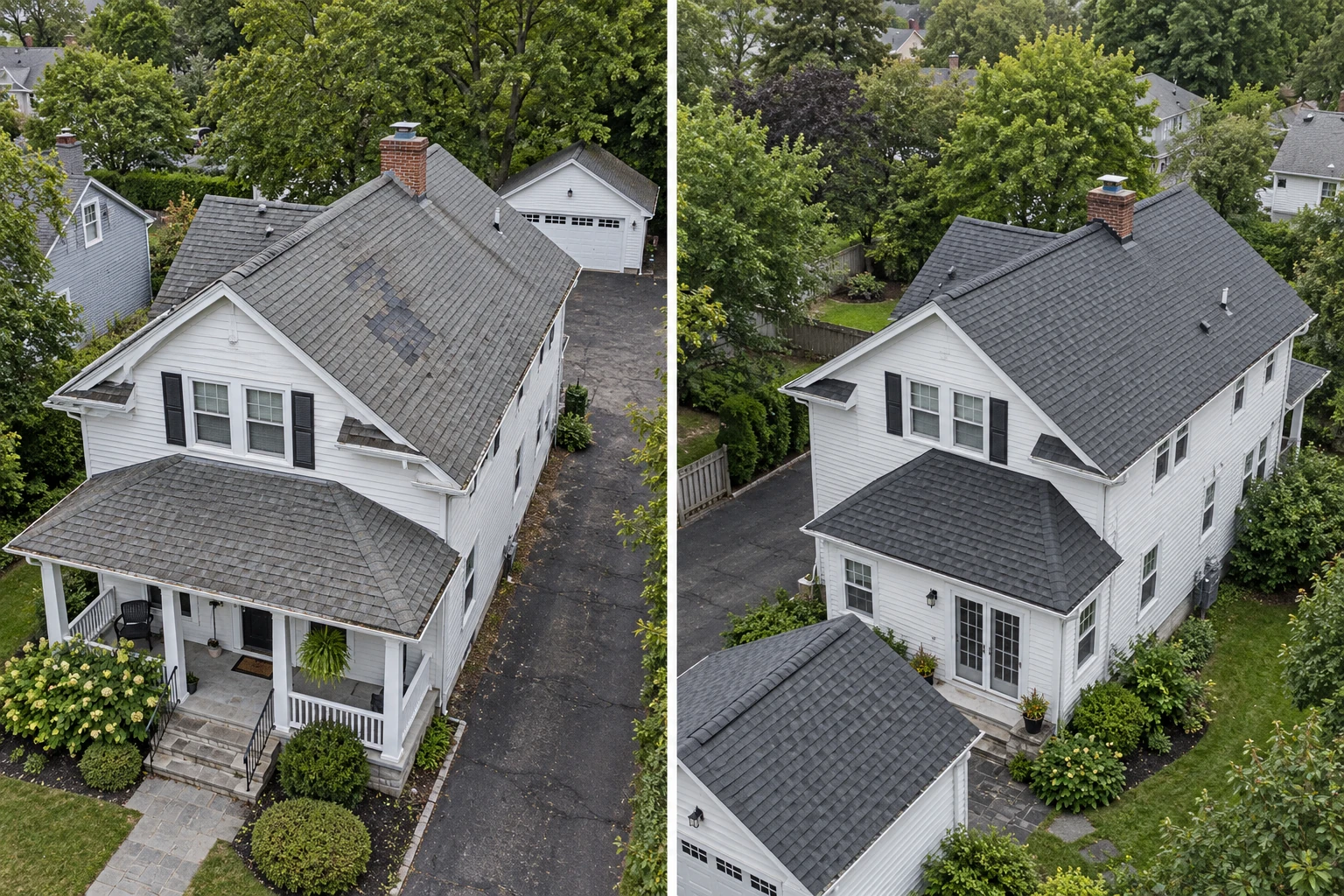 Illustrative aerial view of a white home with a restored charcoal shingle roof